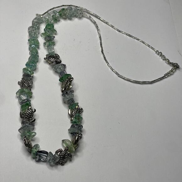 Necklace green teal seaglass look beads beading with silver tone TURTLE jewelry - Picture 5 of 14